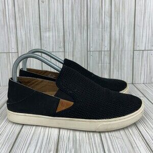 Olukai Women’s Pehuea Mesh Slip On Sneakers Leather Shoes Black Boat Loafers 9